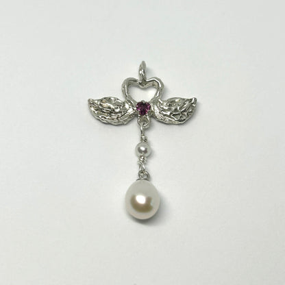 Swans in Love & Drop Pearl - Made To Order Sterling Silver Pendant