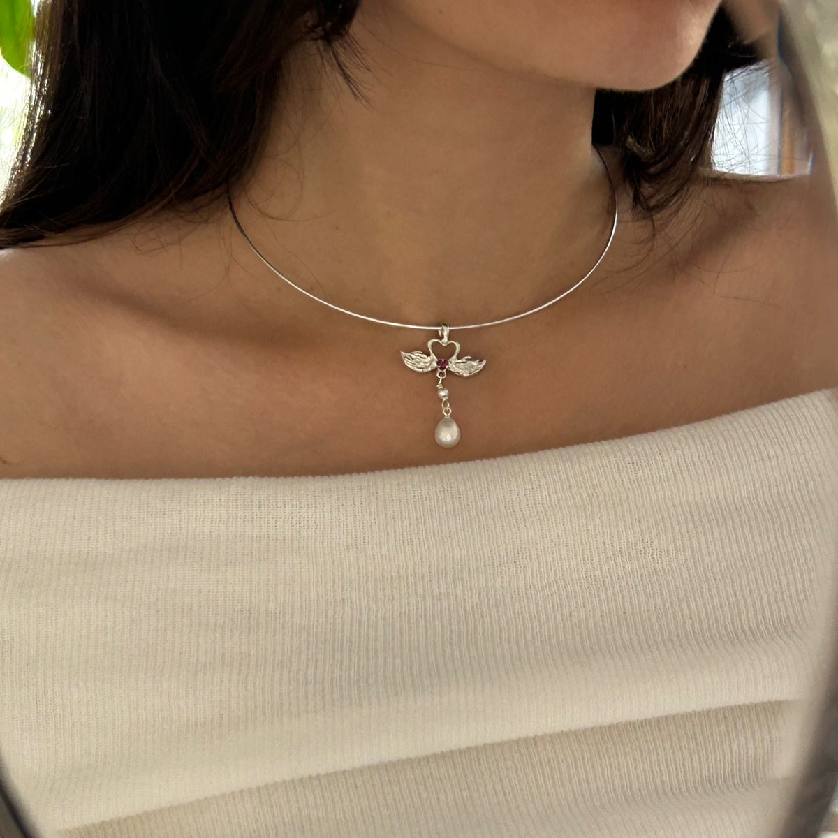 Swans in Love & Drop Pearl - Made To Order Sterling Silver Pendant