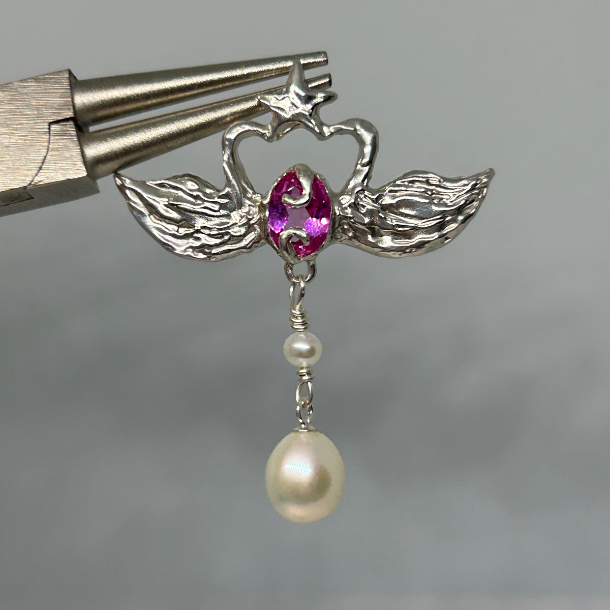 Pink Topaz Swans In Love Pendant - One of a Kind